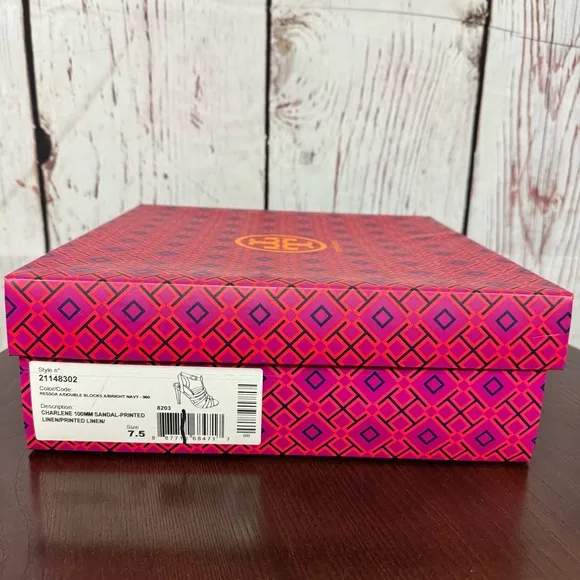 Tory Burch Charlene 100mm Women's Blue Printed linen Sandals size 7.5 NIB