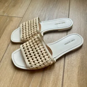 Tory Burch Cream Woven Slide Sandals