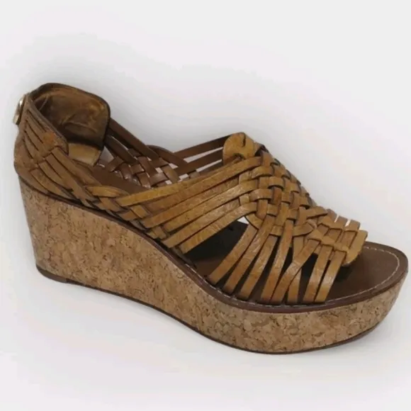 Tory Burch Killiam Leather Woven Cork Wedge Sandals US 7.5