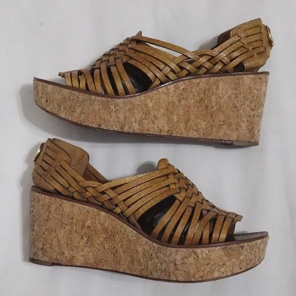 Tory Burch Killiam Leather Woven Cork Wedge Sandals US 7.5