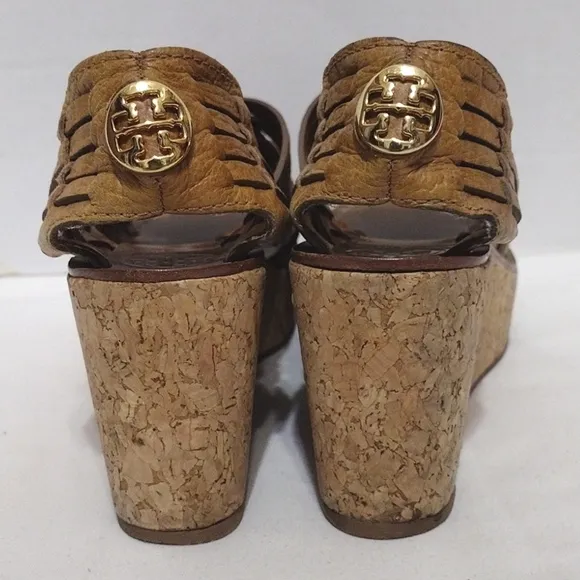 Tory Burch Killiam Leather Woven Cork Wedge Sandals US 7.5