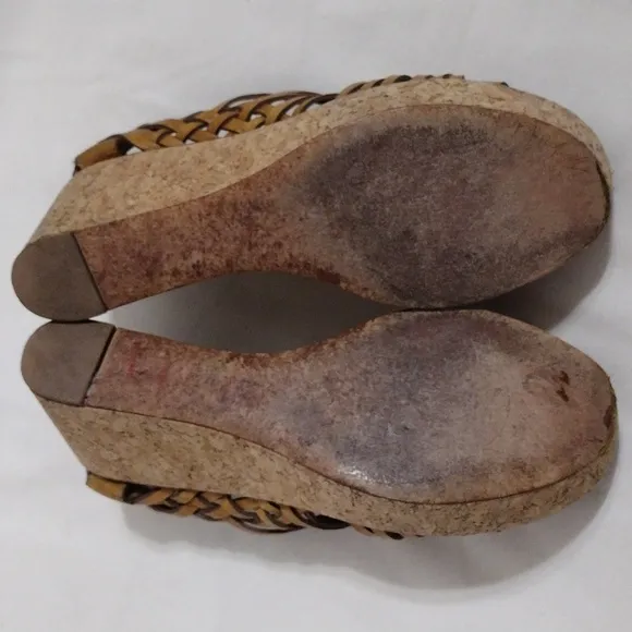 Tory Burch Killiam Leather Woven Cork Wedge Sandals US 7.5