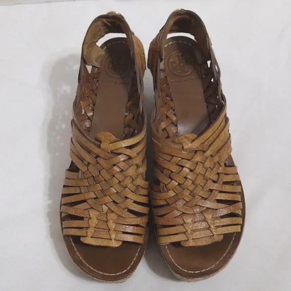 Tory Burch Killiam Leather Woven Cork Wedge Sandals US 7.5