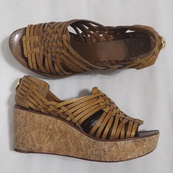 Tory Burch Killiam Leather Woven Cork Wedge Sandals US 7.5