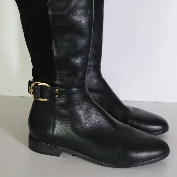 Tory Burch Marsden Over the Knee Boots Womens 7.5 Black Suede Leather Two Tone