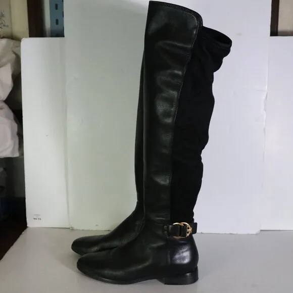 Tory Burch Marsden Over the Knee Boots Womens 7.5 Black Suede Leather Two Tone
