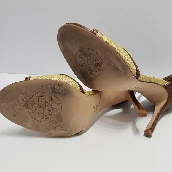 Tory Burch Odyssey Cream Brown Heel Sandals Sz 10