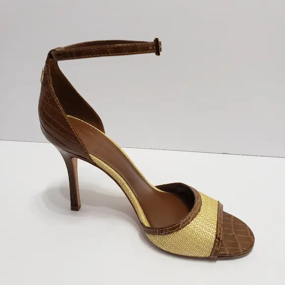 Tory Burch Odyssey Cream Brown Heel Sandals Sz 10