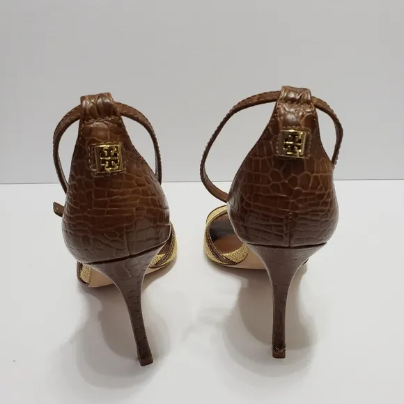 Tory Burch Odyssey Cream Brown Heel Sandals Sz 10