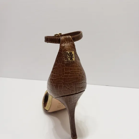 Tory Burch Odyssey Cream Brown Heel Sandals Sz 10