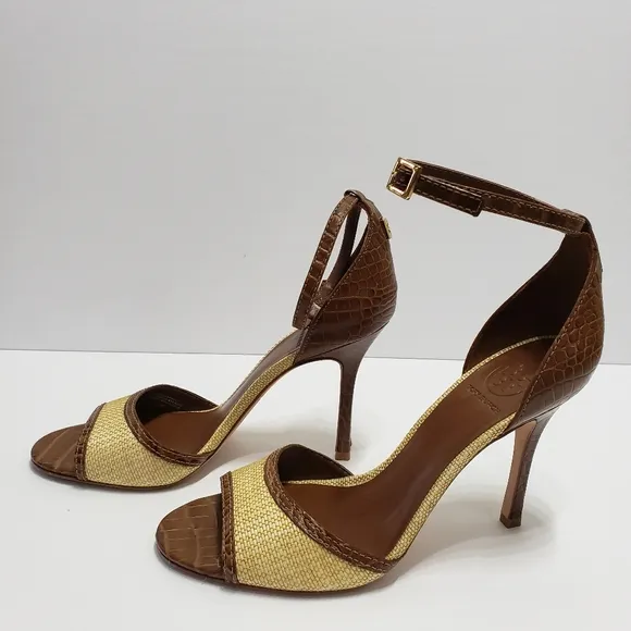 Tory Burch Odyssey Cream Brown Heel Sandals Sz 10