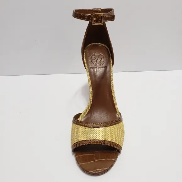 Tory Burch Odyssey Cream Brown Heel Sandals Sz 10