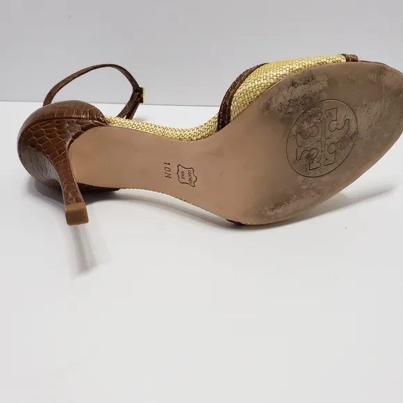 Tory Burch Odyssey Cream Brown Heel Sandals Sz 10