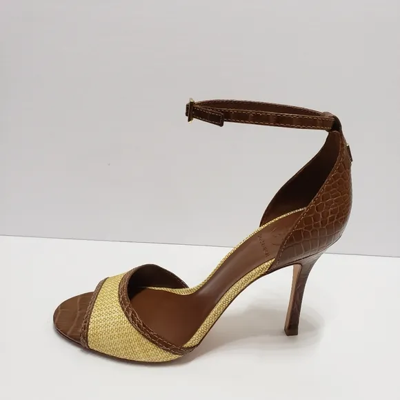 Tory Burch Odyssey Cream Brown Heel Sandals Sz 10