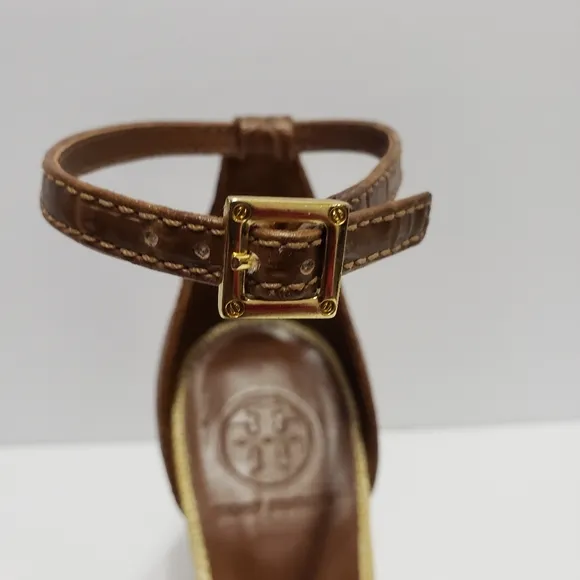 Tory Burch Odyssey Cream Brown Heel Sandals Sz 10