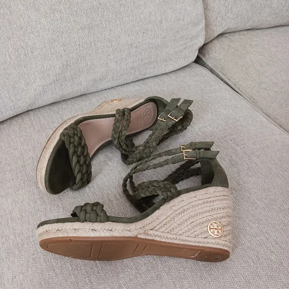 Tory Burch olive green Patti vedge sandals