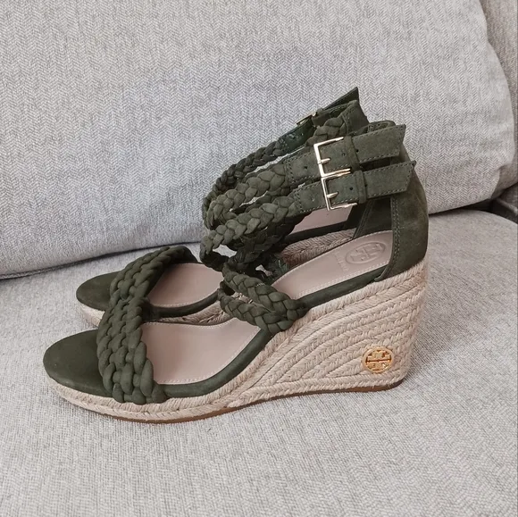 Tory Burch olive green Patti vedge sandals