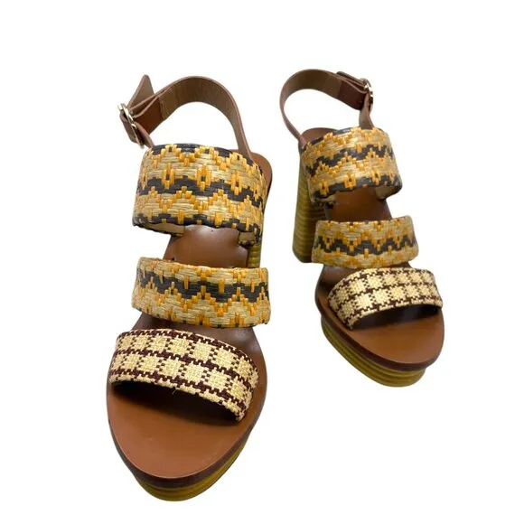 Tory Burch Patos Leather Woven Raffia Block Heel Sandal