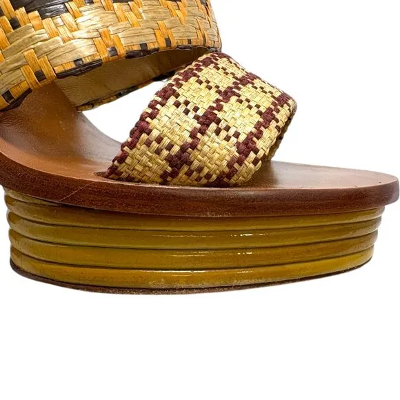Tory Burch Patos Leather Woven Raffia Block Heel Sandal