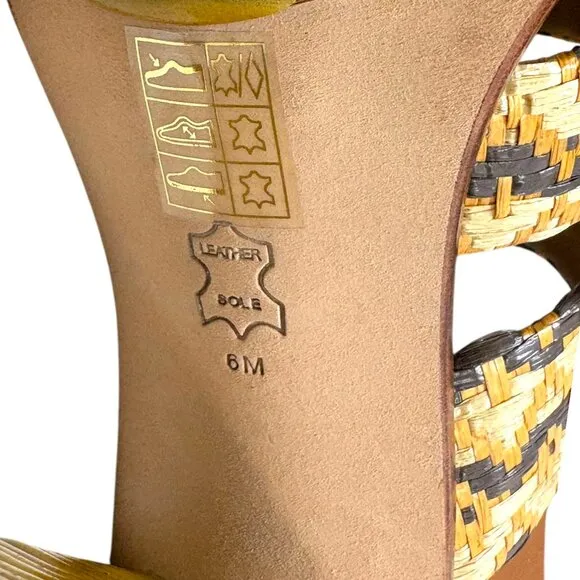 Tory Burch Patos Leather Woven Raffia Block Heel Sandal