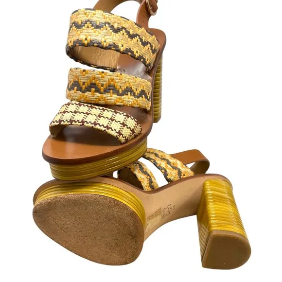 Tory Burch Patos Leather Woven Raffia Block Heel Sandal