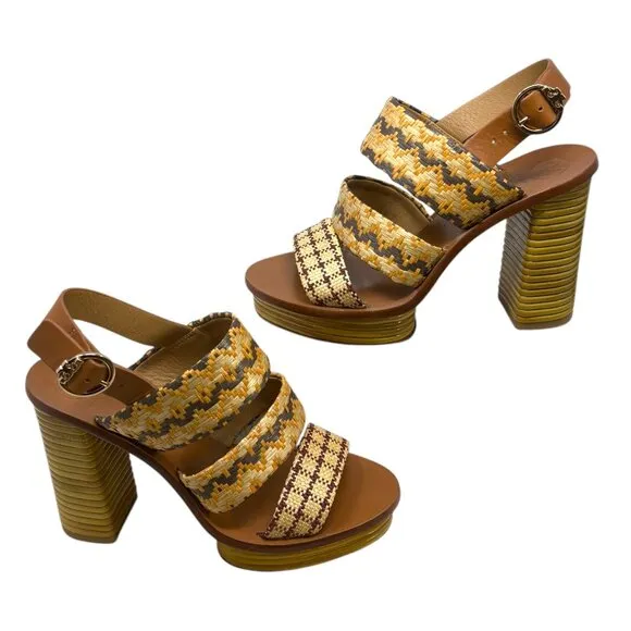 Tory Burch Patos Leather Woven Raffia Block Heel Sandal