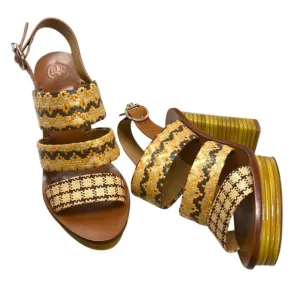 Tory Burch Patos Leather Woven Raffia Block Heel Sandal