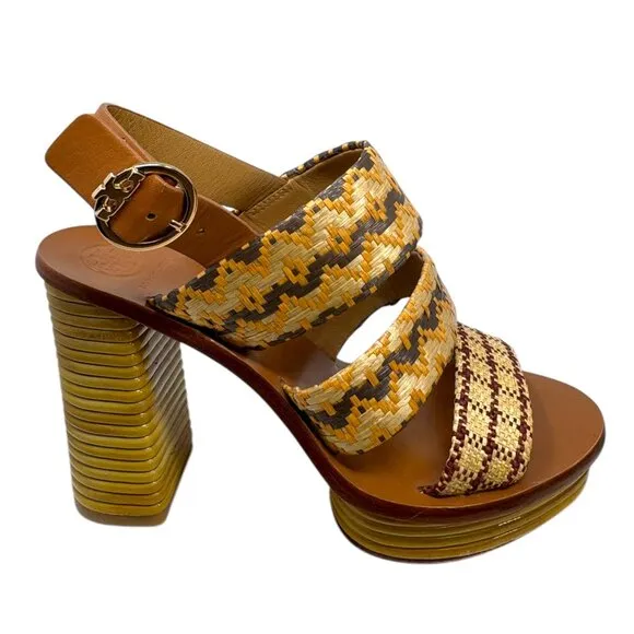 Tory Burch Patos Leather Woven Raffia Block Heel Sandal