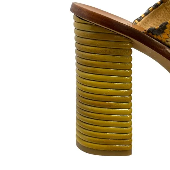 Tory Burch Patos Leather Woven Raffia Block Heel Sandal