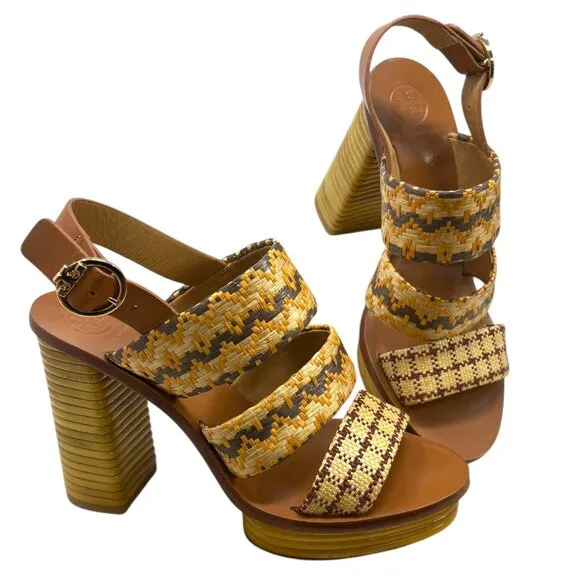 Tory Burch Patos Leather Woven Raffia Block Heel Sandal
