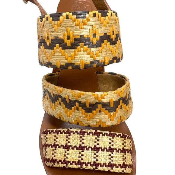Tory Burch Patos Leather Woven Raffia Block Heel Sandal
