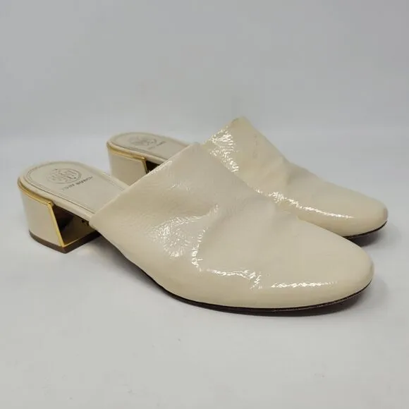 Tory Burch Shoes 8 Cream Naplak Patent Leather Juliana Mules 45MM Slip On 49709