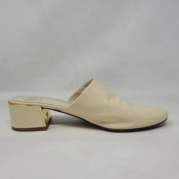 Tory Burch Shoes 8 Cream Naplak Patent Leather Juliana Mules 45MM Slip On 49709