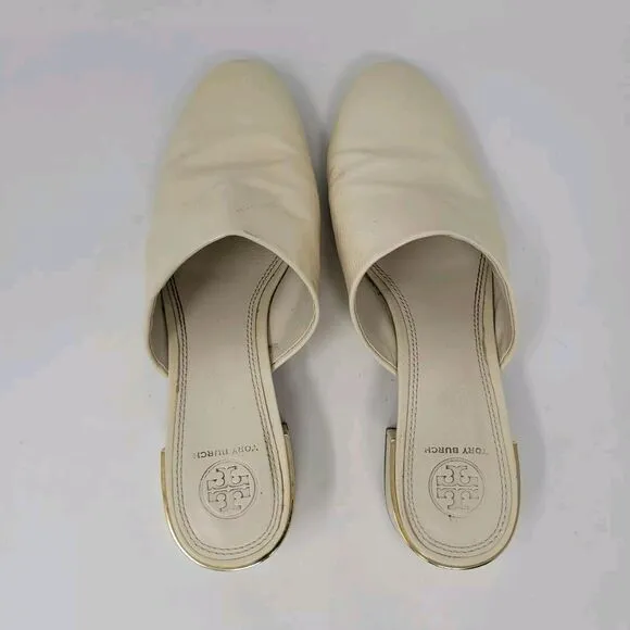 Tory Burch Shoes 8 Cream Naplak Patent Leather Juliana Mules 45MM Slip On 49709