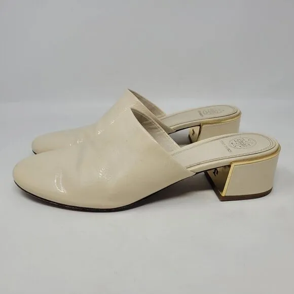 Tory Burch Shoes 8 Cream Naplak Patent Leather Juliana Mules 45MM Slip On 49709