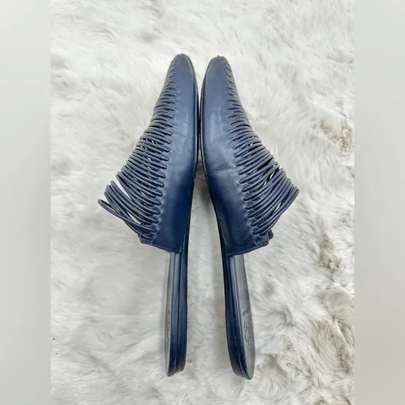 Tory Burch Sienna Woven Navy Blue Leather Mules Slide Sandals Shoes Size 8M