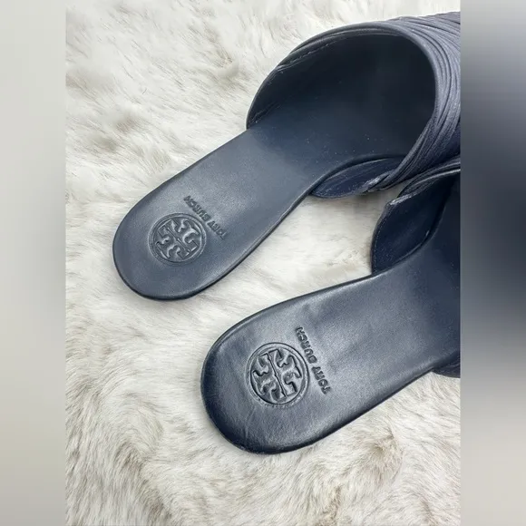 Tory Burch Sienna Woven Navy Blue Leather Mules Slide Sandals Shoes Size 8M