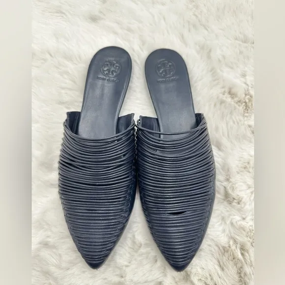 Tory Burch Sienna Woven Navy Blue Leather Mules Slide Sandals Shoes Size 8M