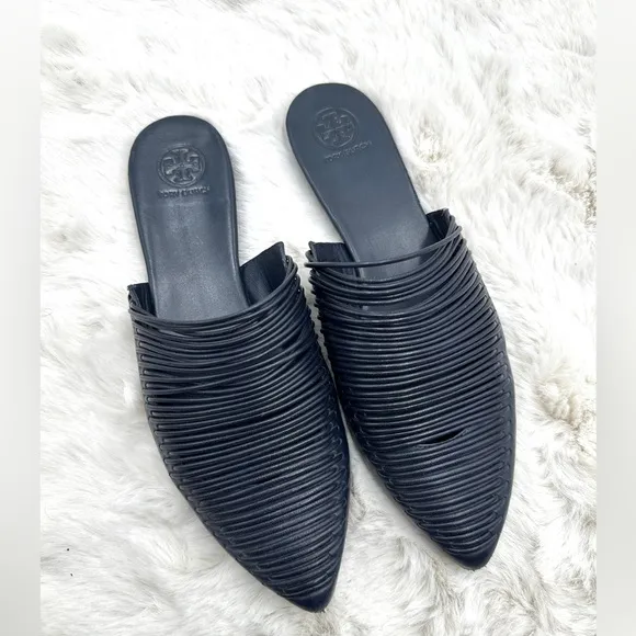 Tory Burch Sienna Woven Navy Blue Leather Mules Slide Sandals Shoes Size 8M