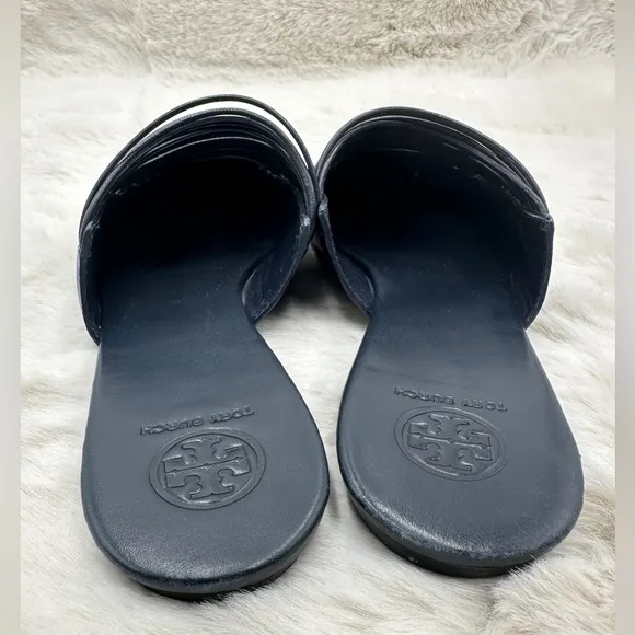 Tory Burch Sienna Woven Navy Blue Leather Mules Slide Sandals Shoes Size 8M