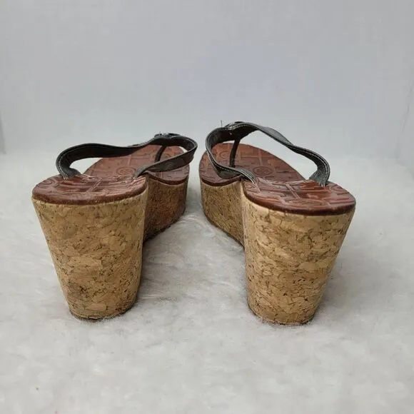 Tory Burch Thora Silver Patent Leather Cork Wedge Sandal Shoes Size 7.5