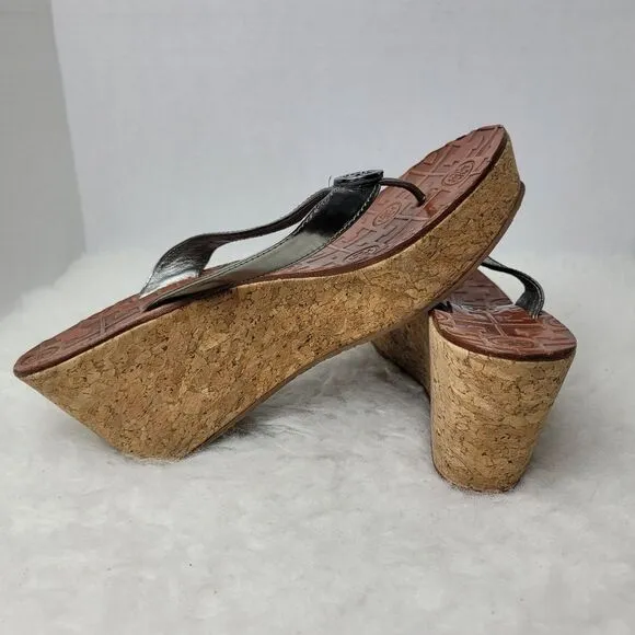 Tory Burch Thora Silver Patent Leather Cork Wedge Sandal Shoes Size 7.5