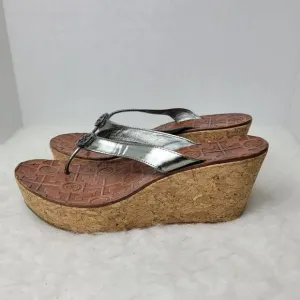 Tory Burch Thora Silver Patent Leather Cork Wedge Sandal Shoes Size 7.5