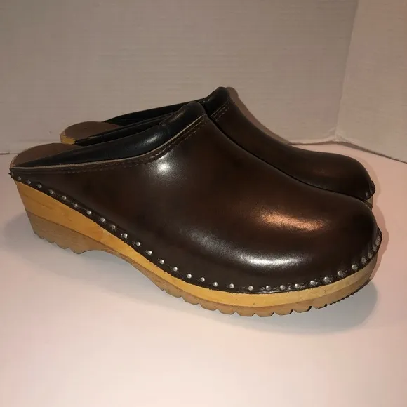 Troentorp Bastad Rembrandt Brown Cola Leather Wooden Clogs Shoes Mens 12/45