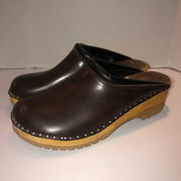 Troentorp Bastad Rembrandt Brown Cola Leather Wooden Clogs Shoes Mens 12/45