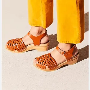 TROENTORPS of Sweden Brown Woven Leather Peep Toe Wooded Clog Sandals 36 (6)