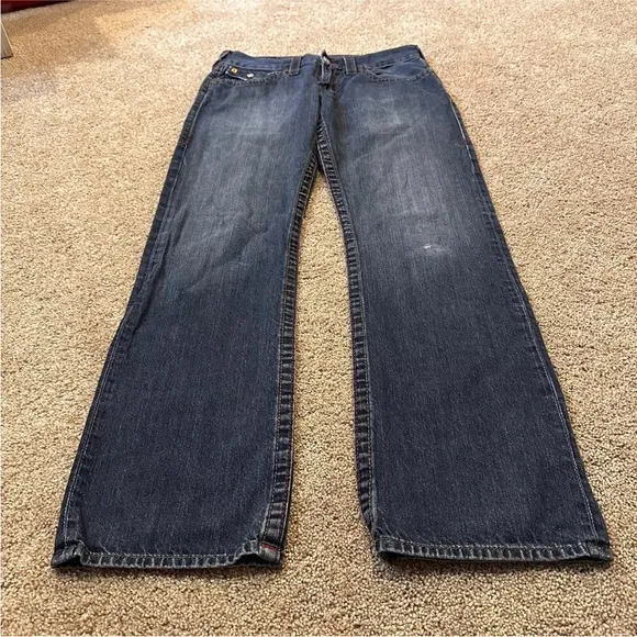 TRUE RELIGION Denim Jeans Blue Men's Size 32 #112790 Straight Leg Distressed EUC