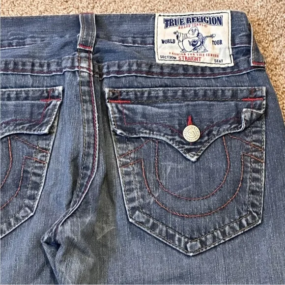 TRUE RELIGION Denim Jeans Blue Men's Size 32 #112790 Straight Leg Distressed EUC