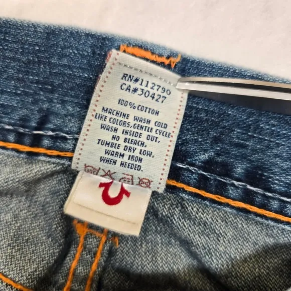 True Religion Jeans Mens 30x33 (Tag 31) Denim Blue Joey Orange Stitch Made USA