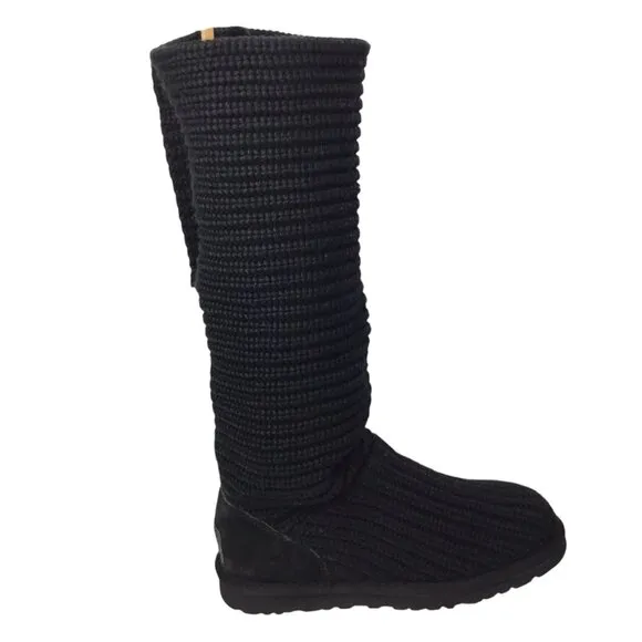 Ugg Australia Boots Cardy Sweater Knit Tall Black 5819 Classic Button Size 6